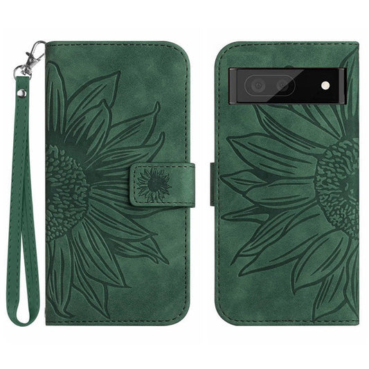 HT04 Phone Case for Google Pixel 7a PU Leather Cover Sunflower Pattern Wallet Phone Shell with Strap - Dark Green