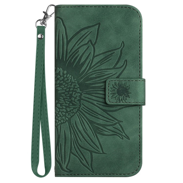 HT04 Phone Case for Google Pixel 7a PU Leather Cover Sunflower Pattern Wallet Phone Shell with Strap - Dark Green
