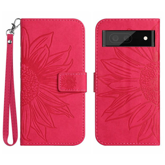HT04 Phone Case for Google Pixel 7a PU Leather Cover Sunflower Pattern Wallet Phone Shell with Strap - Rose