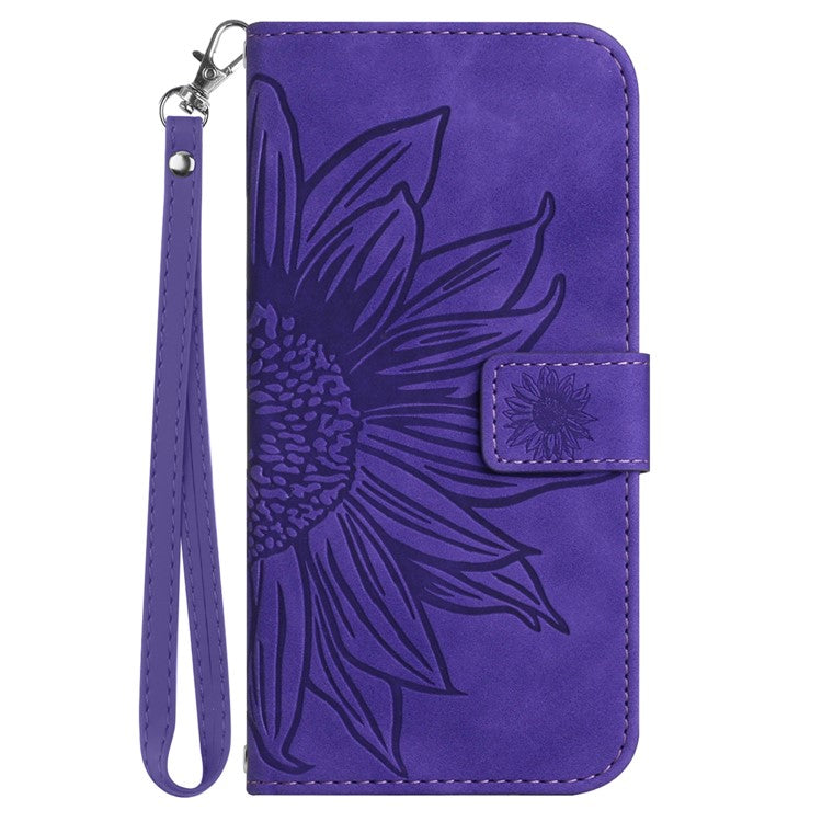 HT04 Phone Case for Google Pixel 7a PU Leather Cover Sunflower Pattern Wallet Phone Shell with Strap - Dark Purple
