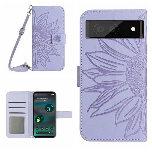 HT04 PU Leather Case for Google Pixel 7a Phone Cover with Shoulder Strap, Sunflower Pattern Wallet Phone Shell - Light Purple