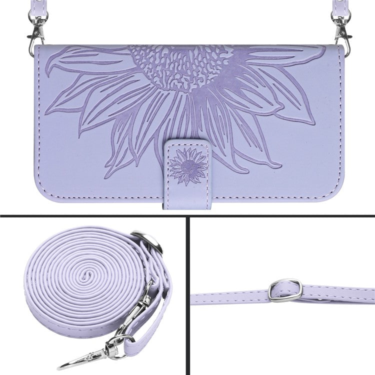 HT04 PU Leather Case for Google Pixel 7a Phone Cover with Shoulder Strap, Sunflower Pattern Wallet Phone Shell - Light Purple