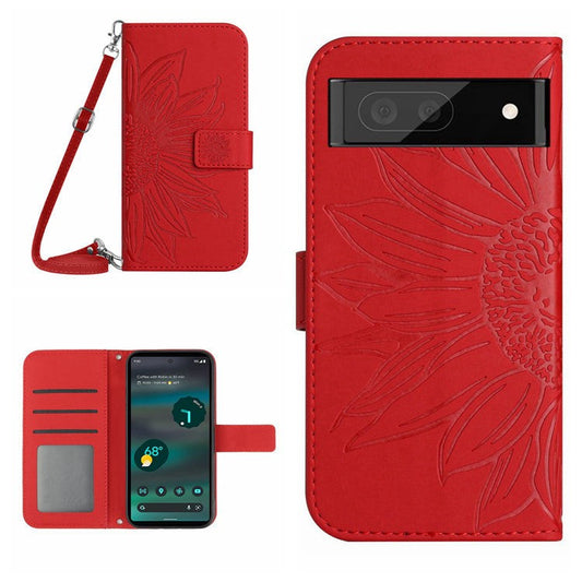 HT04 PU Leather Case for Google Pixel 7a Phone Cover with Shoulder Strap, Sunflower Pattern Wallet Phone Shell - Red