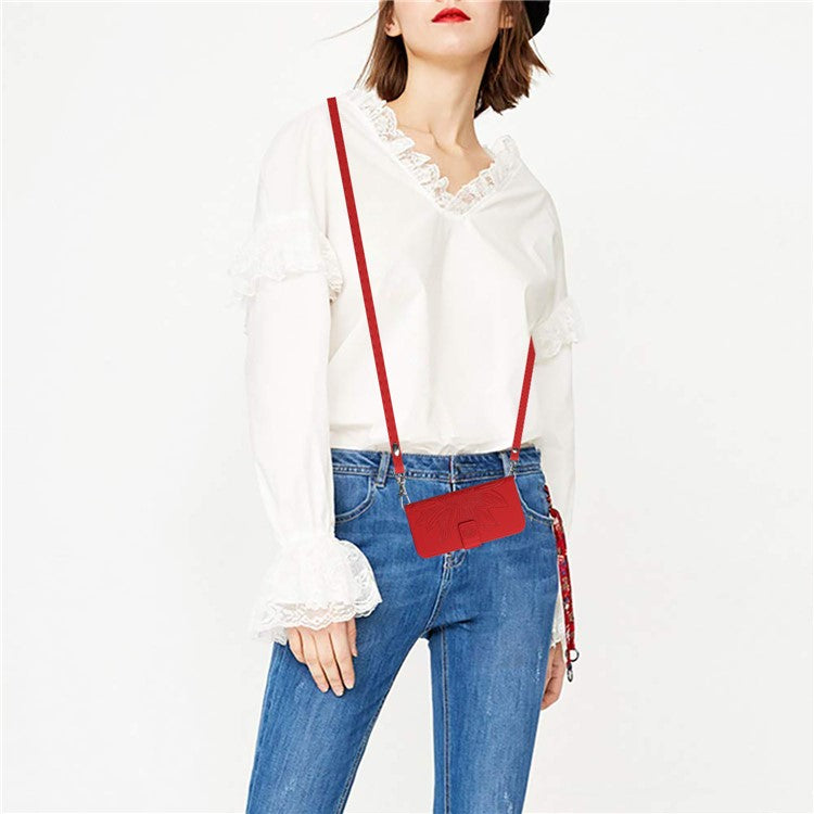 HT04 PU Leather Case for Google Pixel 7a Phone Cover with Shoulder Strap, Sunflower Pattern Wallet Phone Shell - Red