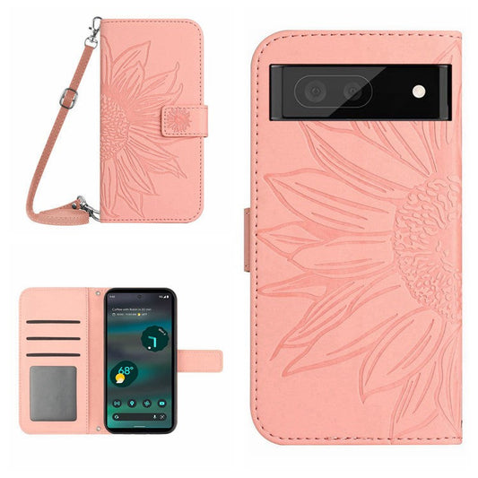 HT04 PU Leather Case for Google Pixel 7a Phone Cover with Shoulder Strap, Sunflower Pattern Wallet Phone Shell - Light Pink