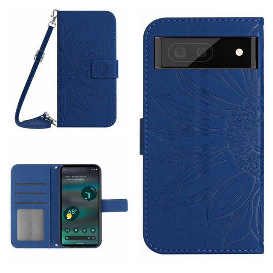 HT04 PU Leather Case for Google Pixel 7a Phone Cover with Shoulder Strap, Sunflower Pattern Wallet Phone Shell - Sapphire