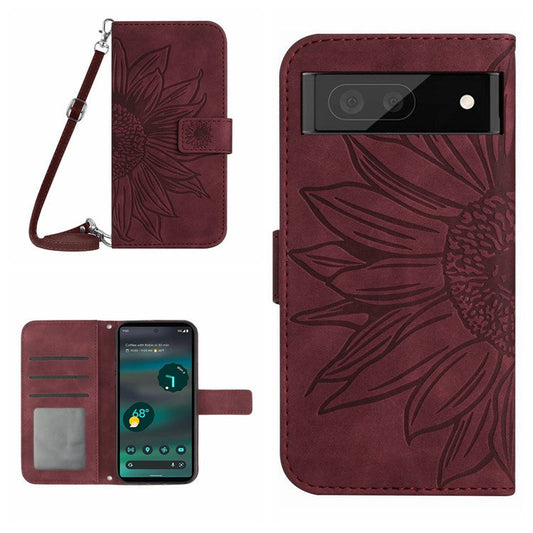 HT04 PU Leather Case for Google Pixel 7a Phone Cover with Shoulder Strap, Sunflower Pattern Wallet Phone Shell - Wine Red