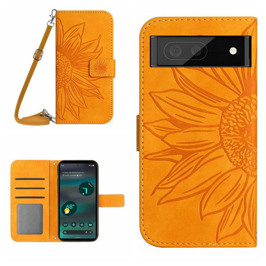 HT04 PU Leather Case for Google Pixel 7a Phone Cover with Shoulder Strap, Sunflower Pattern Wallet Phone Shell - Yellow