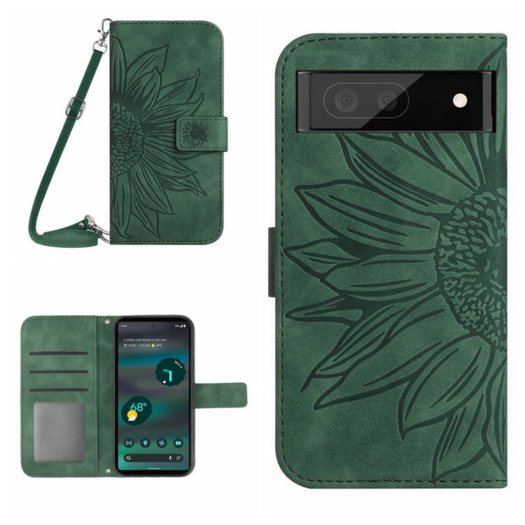 HT04 PU Leather Case for Google Pixel 7a Phone Cover with Shoulder Strap, Sunflower Pattern Wallet Phone Shell - Dark Green