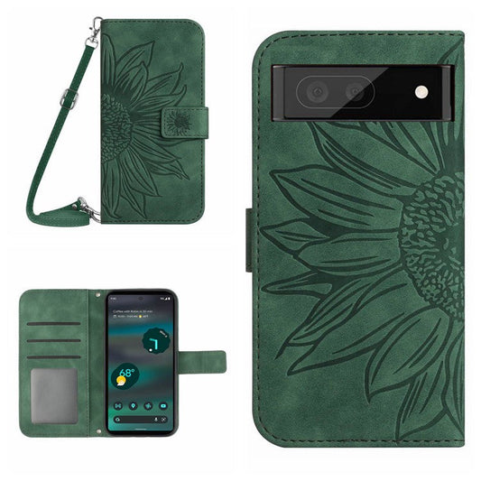 HT04 PU Leather Case for Google Pixel 7a Phone Cover with Shoulder Strap, Sunflower Pattern Wallet Phone Shell - Dark Green