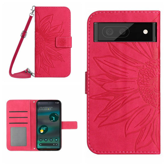 HT04 PU Leather Case for Google Pixel 7a Phone Cover with Shoulder Strap, Sunflower Pattern Wallet Phone Shell - Rose