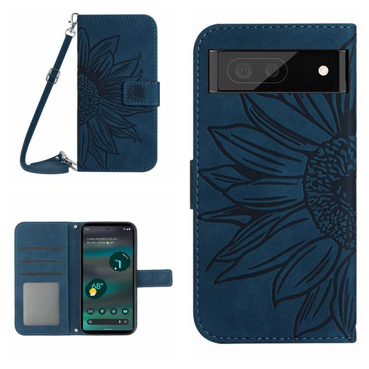 HT04 PU Leather Case for Google Pixel 7a Phone Cover with Shoulder Strap, Sunflower Pattern Wallet Phone Shell - Dark Blue