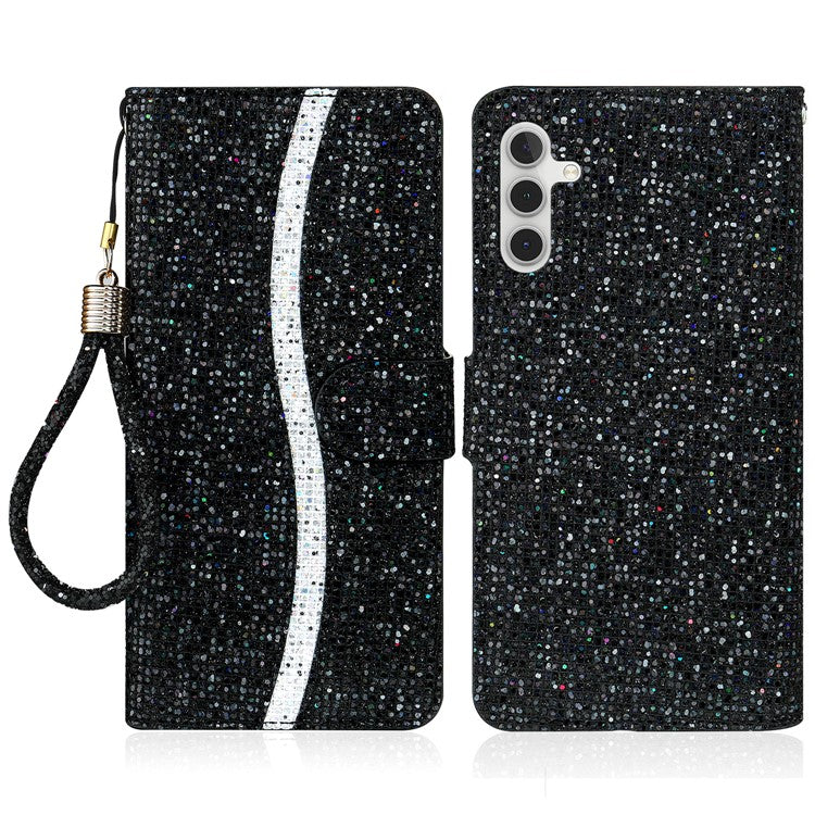 For Samsung Galaxy A34 5G Glitter Bling Splicing Phone Case Wallet PU Leather Stand Mobile Cover with Strap - Black