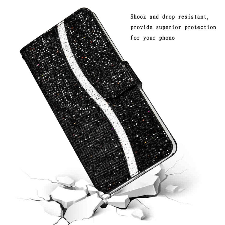 For Samsung Galaxy A34 5G Glitter Bling Splicing Phone Case Wallet PU Leather Stand Mobile Cover with Strap - Black