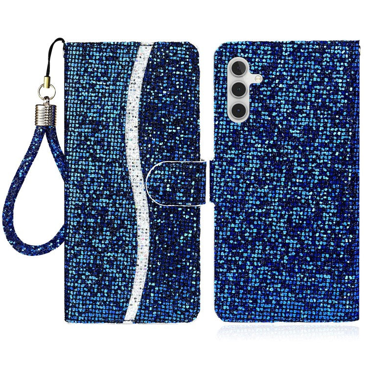 For Samsung Galaxy A34 5G Glitter Bling Splicing Phone Case Wallet PU Leather Stand Mobile Cover with Strap - Blue