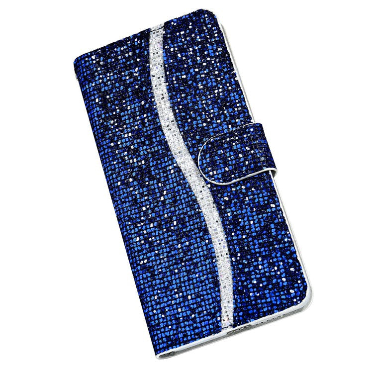 For Samsung Galaxy A34 5G Glitter Bling Splicing Phone Case Wallet PU Leather Stand Mobile Cover with Strap - Blue