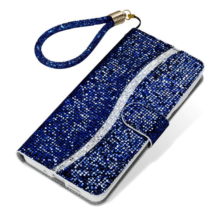 For Samsung Galaxy A34 5G Glitter Bling Splicing Phone Case Wallet PU Leather Stand Mobile Cover with Strap - Blue