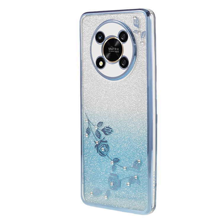 KADEM For Honor X30 5G Rhinestone Decor TPU Phone Case Flower Electroplating Smartphone Cover - Blue
