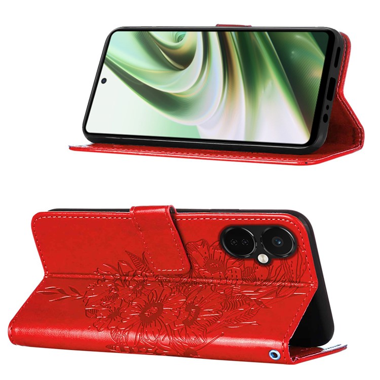 YB Imprinting Series-4 Phone Case for OnePlus Nord CE 3 Lite 5G / Nord N30 5G PU Leather Cover Imprinted Anti-Fall Wallet Case - Red