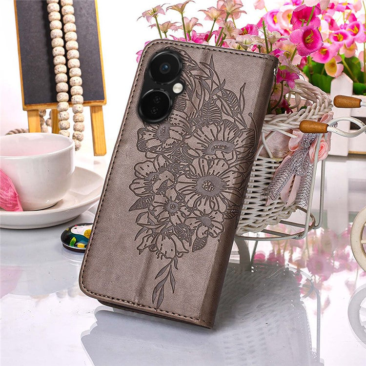 YB Imprinting Series-4 Phone Case for OnePlus Nord CE 3 Lite 5G / Nord N30 5G PU Leather Cover Imprinted Anti-Fall Wallet Case - Grey