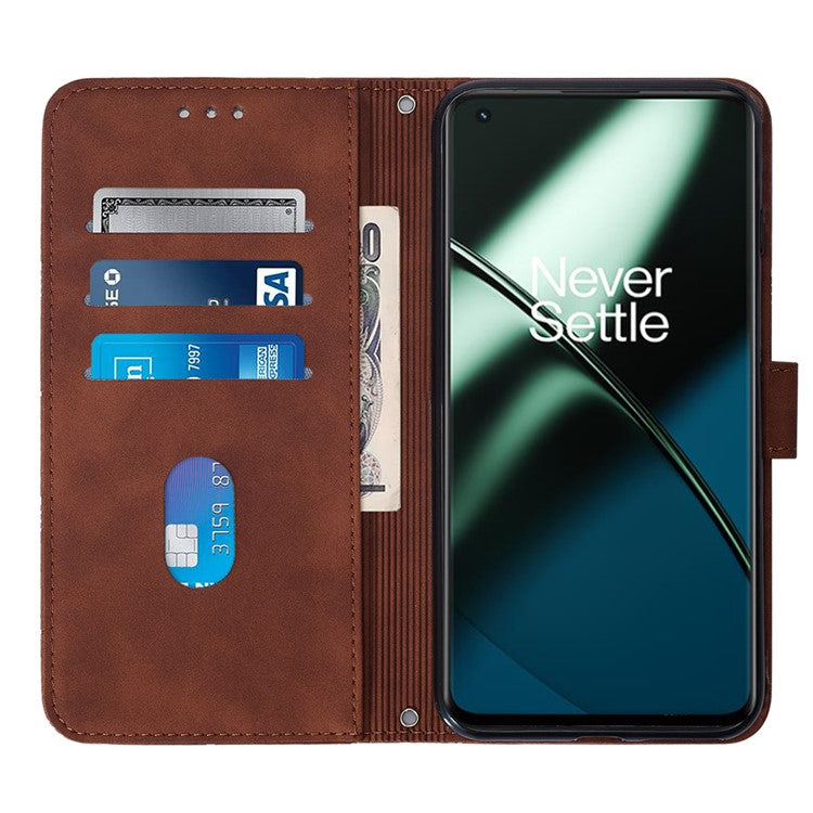 YB Imprinting Series-2 Flip Case for OnePlus 11 5G Imprinted Lines Wallet Stand Leather Phone Cover - Brown