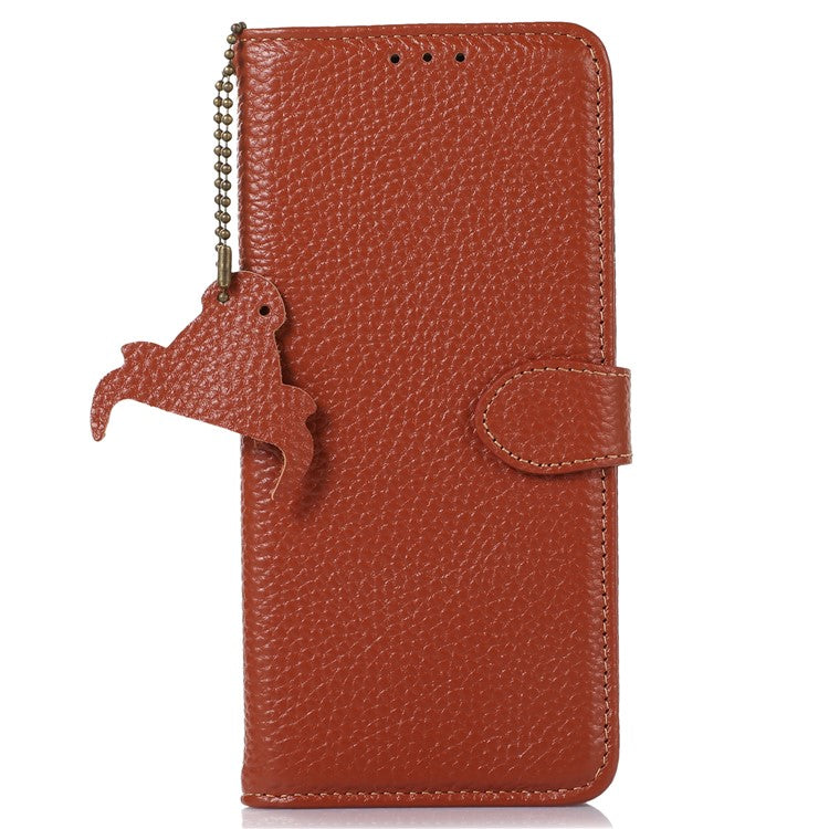 For Google Pixel 7a Genuine Cow Leather Litchi Texture RFID Blocking Wallet Stand Case - Brown