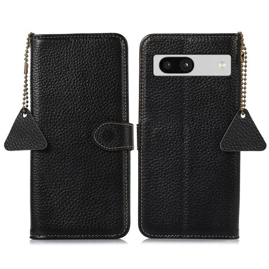 For Google Pixel 7 5G RFID Blocking Stand Phone Cover Genuine Cow Leather Litchi Texture Wallet Case - Black