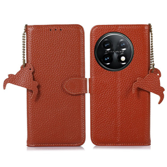 For OnePlus 11 5G RFID Blocking Stand Shell Cover Genuine Cow Leather Litchi Texture Wallet Case - Brown