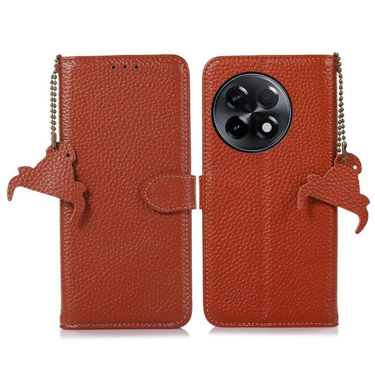 For OnePlus Ace 2 5G / 11R 5G Anti-Fingerprint Wallet Genuine Cow Leather Litchi Texture RFID Blocking Stand Case - Brown