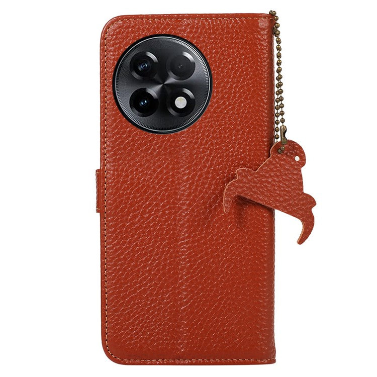 For OnePlus Ace 2 5G / 11R 5G Anti-Fingerprint Wallet Genuine Cow Leather Litchi Texture RFID Blocking Stand Case - Brown