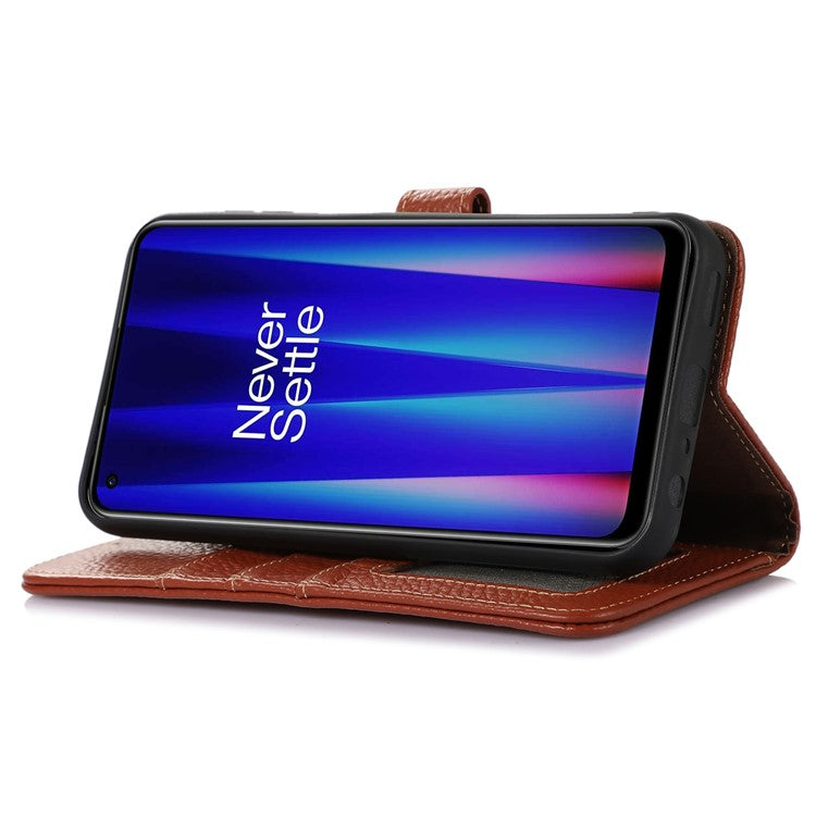 Cell Phone Cover for OnePlus Nord CE 3 Lite 5G / Nord N30 5G RFID Blocking Genuine Cow Leather Litchi Texture Stand Wallet Case - Brown