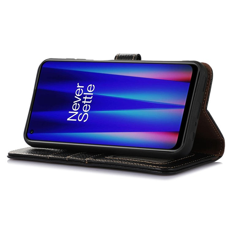 Cell Phone Cover for OnePlus Nord CE 3 Lite 5G / Nord N30 5G RFID Blocking Genuine Cow Leather Litchi Texture Stand Wallet Case - Black