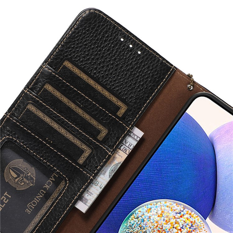 Cell Phone Cover for OnePlus Nord CE 3 Lite 5G / Nord N30 5G RFID Blocking Genuine Cow Leather Litchi Texture Stand Wallet Case - Black