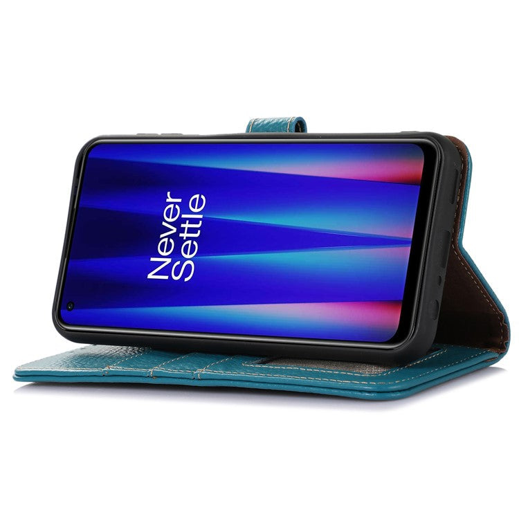 Cell Phone Cover for OnePlus Nord CE 3 Lite 5G / Nord N30 5G RFID Blocking Genuine Cow Leather Litchi Texture Stand Wallet Case - Blue