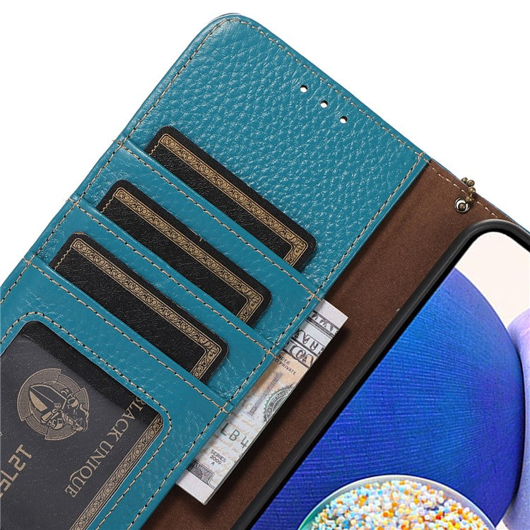 Cell Phone Cover for OnePlus Nord CE 3 Lite 5G / Nord N30 5G RFID Blocking Genuine Cow Leather Litchi Texture Stand Wallet Case - Blue