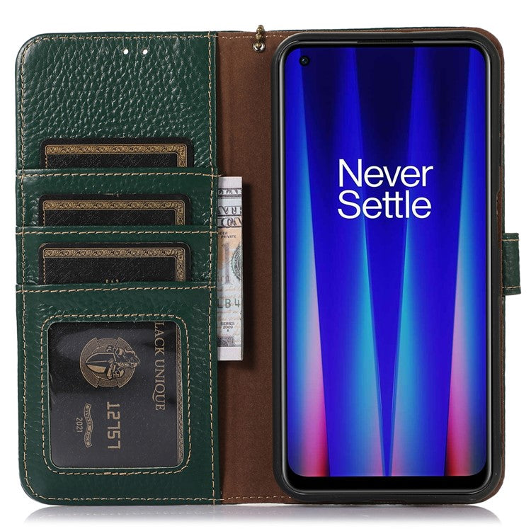 Cell Phone Cover for OnePlus Nord CE 3 Lite 5G / Nord N30 5G RFID Blocking Genuine Cow Leather Litchi Texture Stand Wallet Case - Green