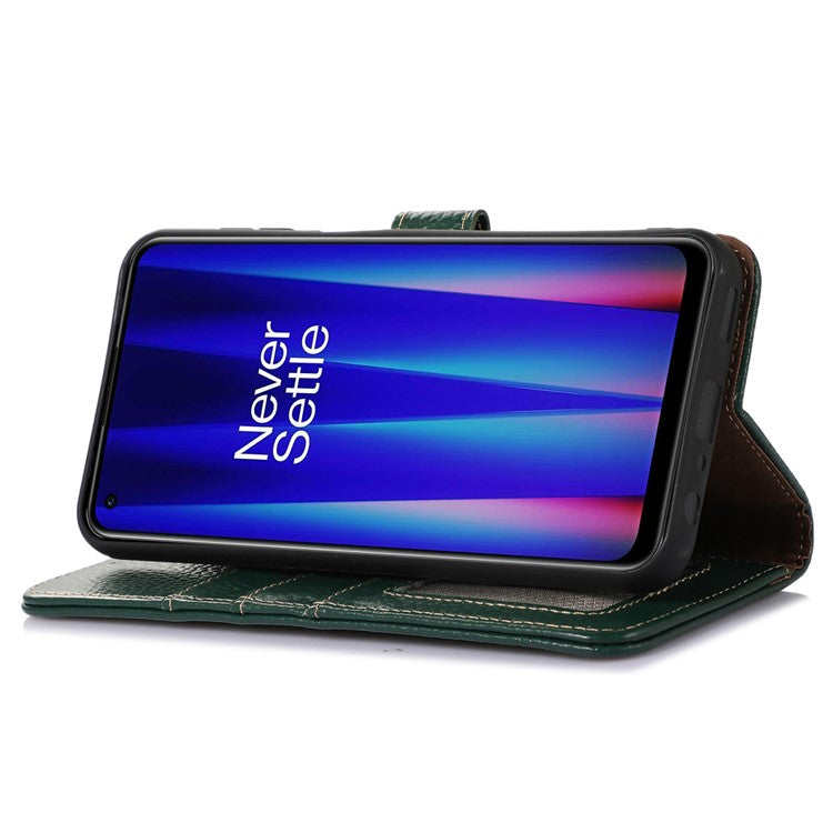 Cell Phone Cover for OnePlus Nord CE 3 Lite 5G / Nord N30 5G RFID Blocking Genuine Cow Leather Litchi Texture Stand Wallet Case - Green