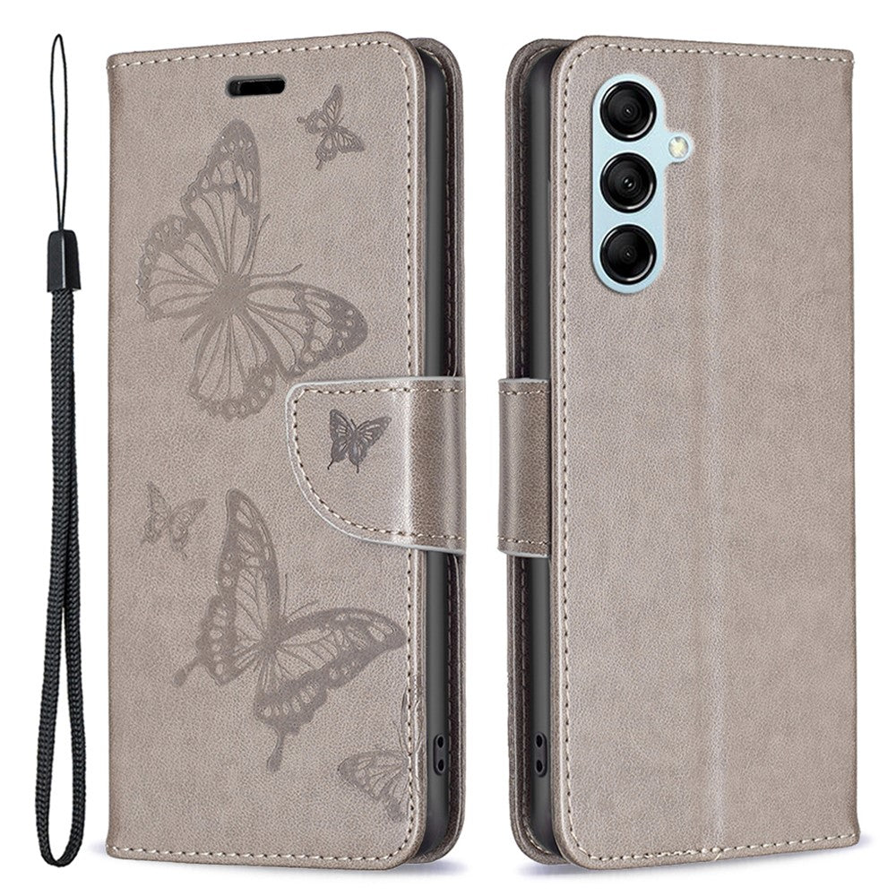 For Samsung Galaxy M14 5G Wallet Stand Phone Leather Case Butterfly Imprinted Phone Cover with Strap - Grey