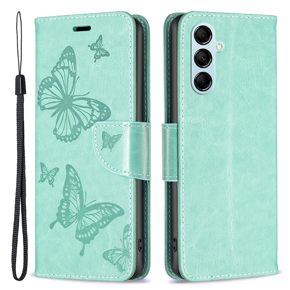 For Samsung Galaxy M14 5G Wallet Stand Phone Leather Case Butterfly Imprinted Phone Cover with Strap - Green