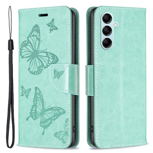 For Samsung Galaxy M14 5G Wallet Stand Phone Leather Case Butterfly Imprinted Phone Cover with Strap - Green