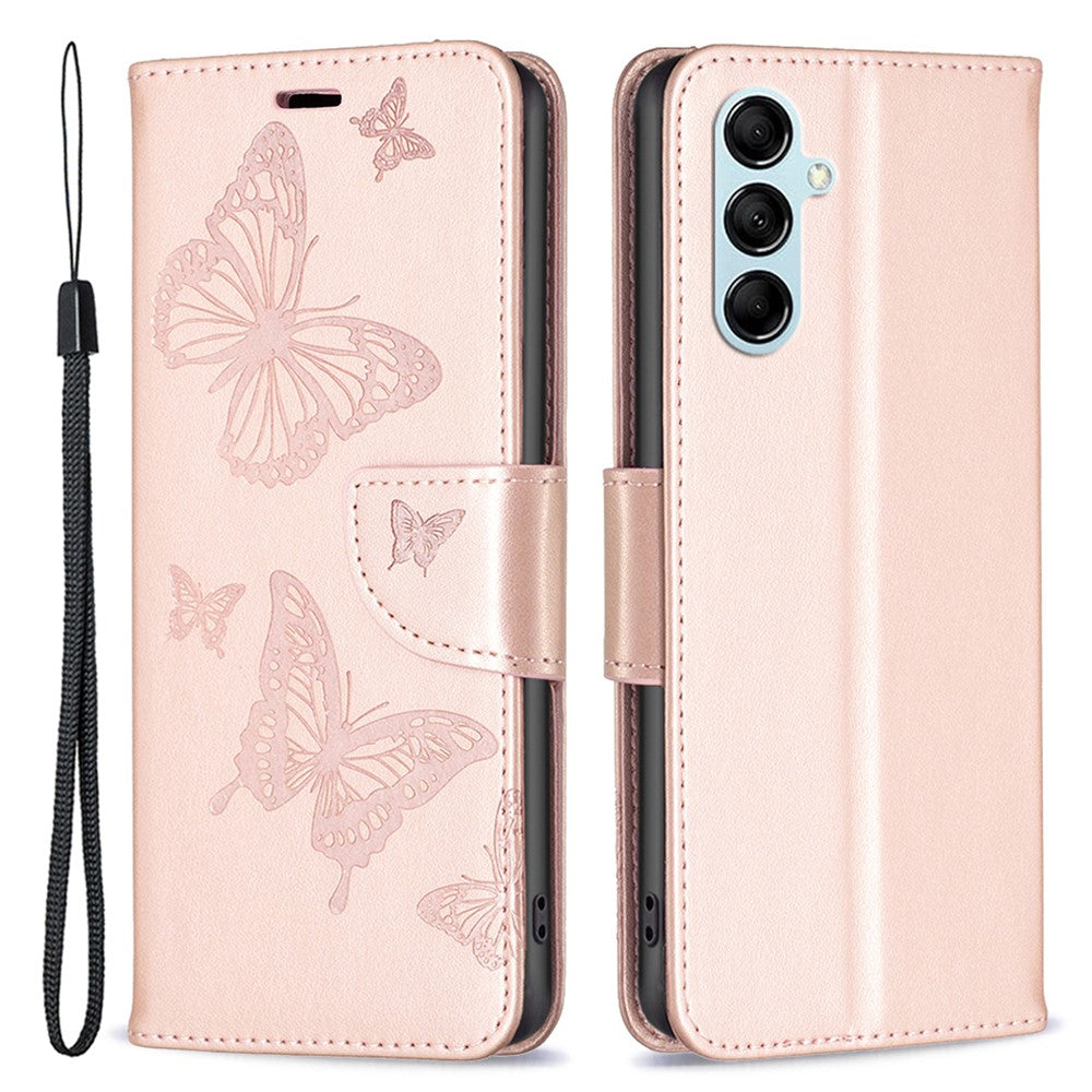 For Samsung Galaxy M14 5G Wallet Stand Phone Leather Case Butterfly Imprinted Phone Cover with Strap - Rose Gold