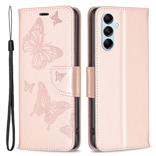 For Samsung Galaxy M14 5G Wallet Stand Phone Leather Case Butterfly Imprinted Phone Cover with Strap - Rose Gold