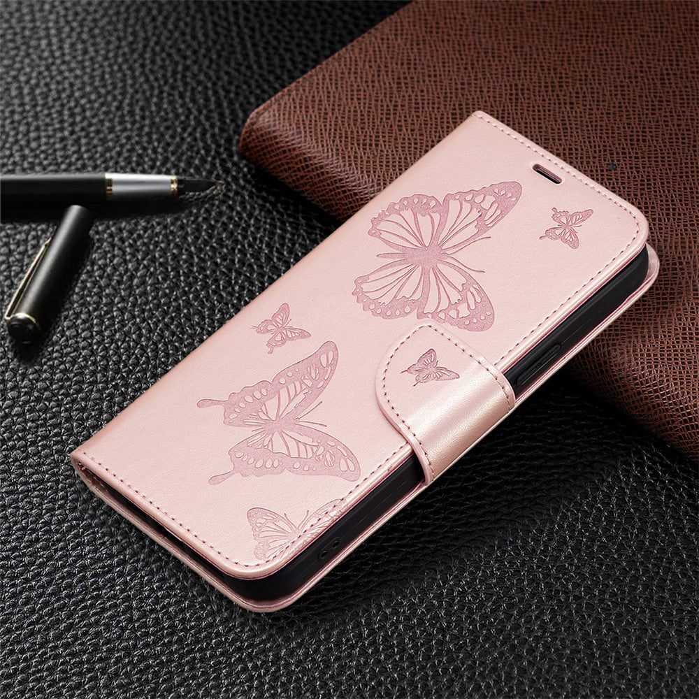 For Samsung Galaxy M14 5G Wallet Stand Phone Leather Case Butterfly Imprinted Phone Cover with Strap - Rose Gold