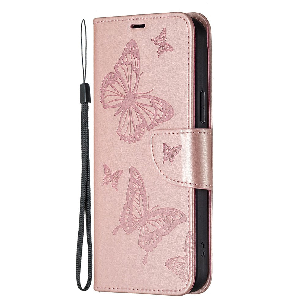 For Samsung Galaxy M14 5G Wallet Stand Phone Leather Case Butterfly Imprinted Phone Cover with Strap - Rose Gold