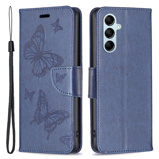 For Samsung Galaxy M14 5G Wallet Stand Phone Leather Case Butterfly Imprinted Phone Cover with Strap - Dark Blue