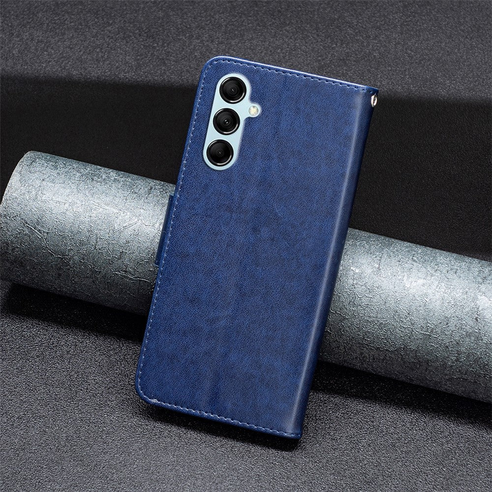 For Samsung Galaxy M14 5G Wallet Stand Phone Leather Case Butterfly Imprinted Phone Cover with Strap - Dark Blue