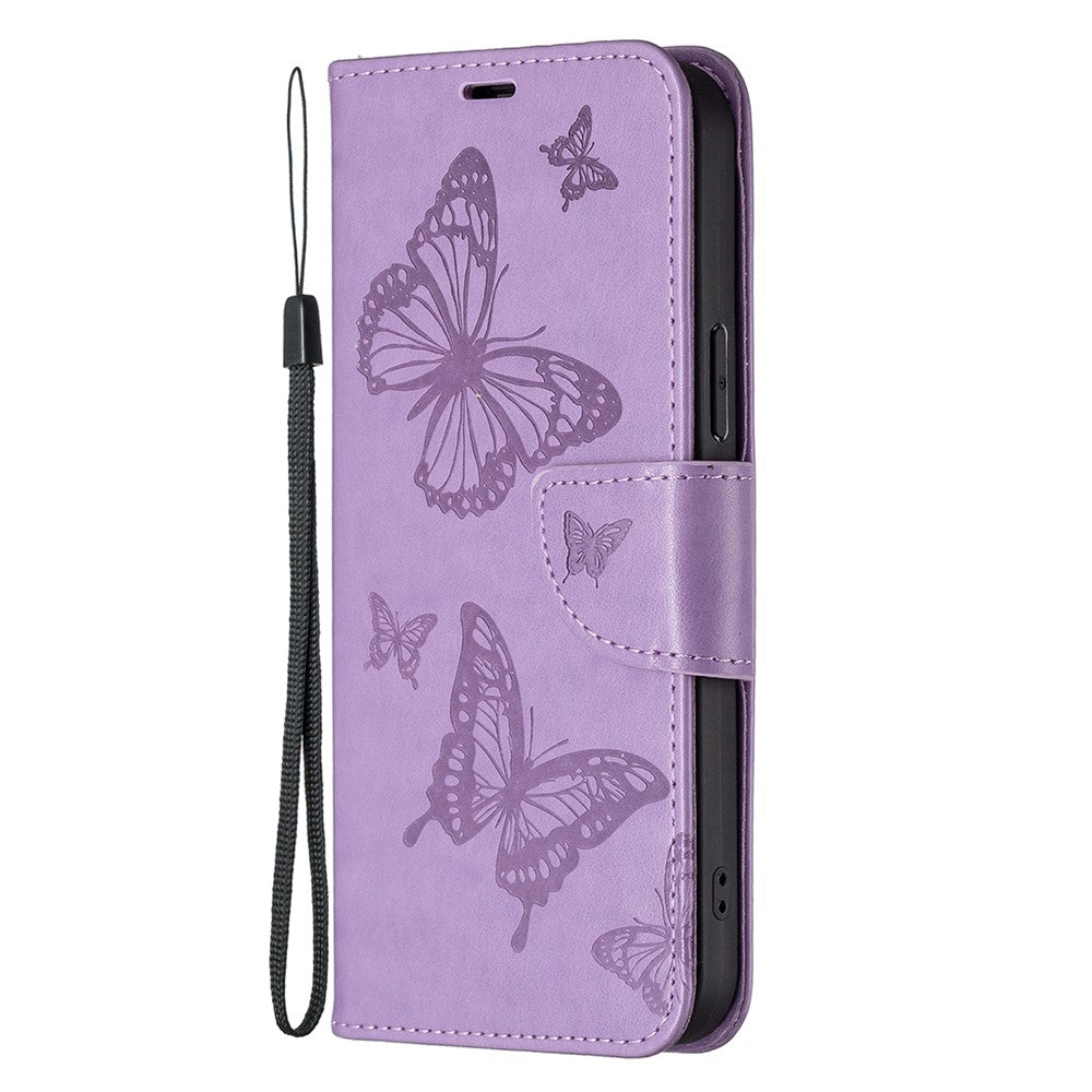 For Samsung Galaxy M14 5G Wallet Stand Phone Leather Case Butterfly Imprinted Phone Cover with Strap - Purple