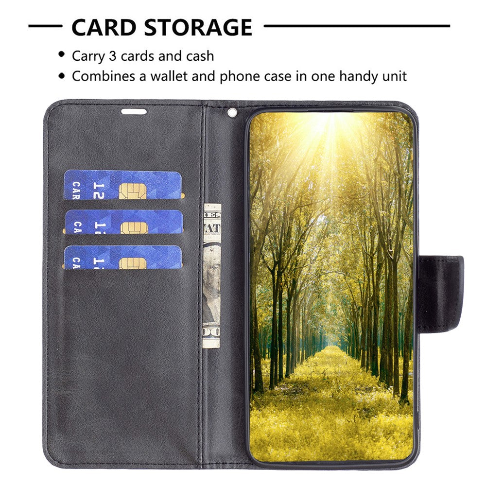 For Samsung Galaxy M14 5G Solid Color Textured PU Leather Wallet Stand Shell Phone Protector Case with Strap - Black