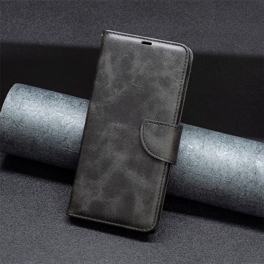 For Samsung Galaxy M14 5G Solid Color Textured PU Leather Wallet Stand Shell Phone Protector Case with Strap - Black
