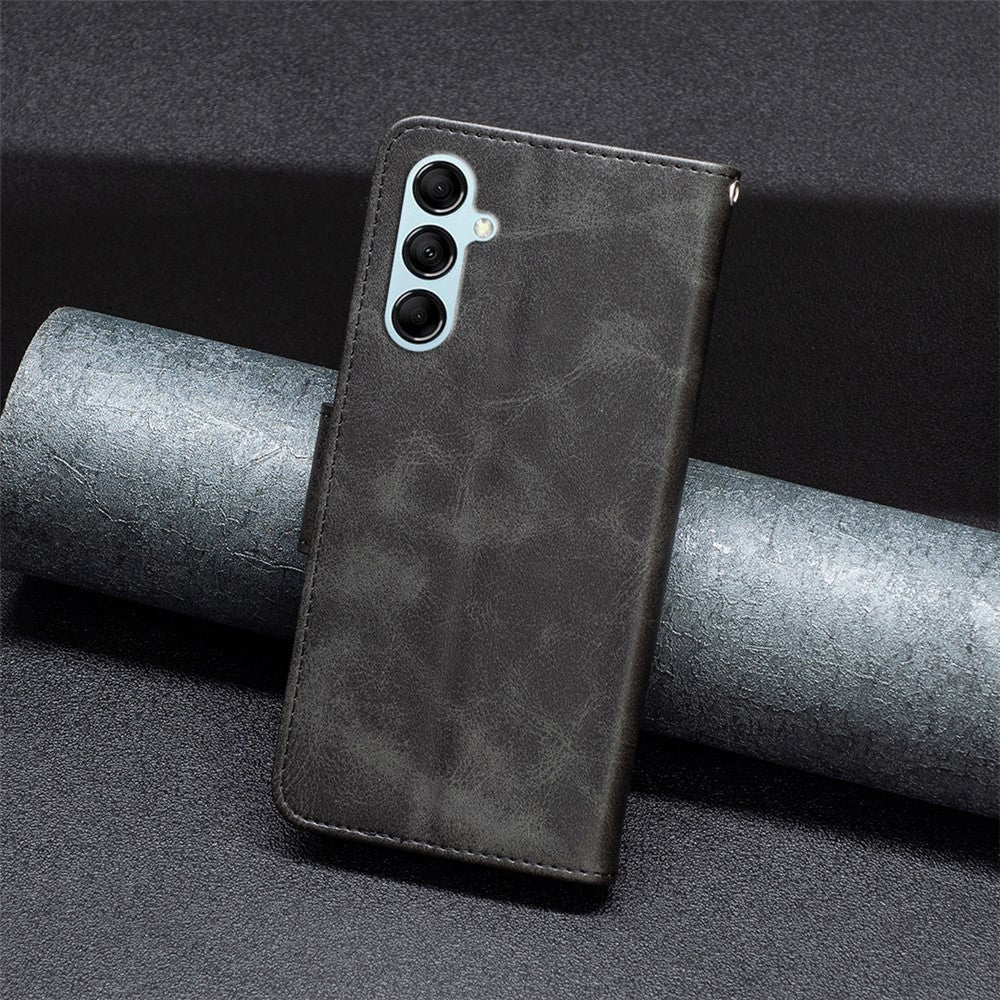 For Samsung Galaxy M14 5G Solid Color Textured PU Leather Wallet Stand Shell Phone Protector Case with Strap - Black